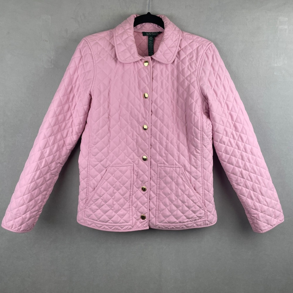 Lauren Ralph Lauren Pink Diamond Quilted Barn Jacket Gold Snap Buttons Sz Small